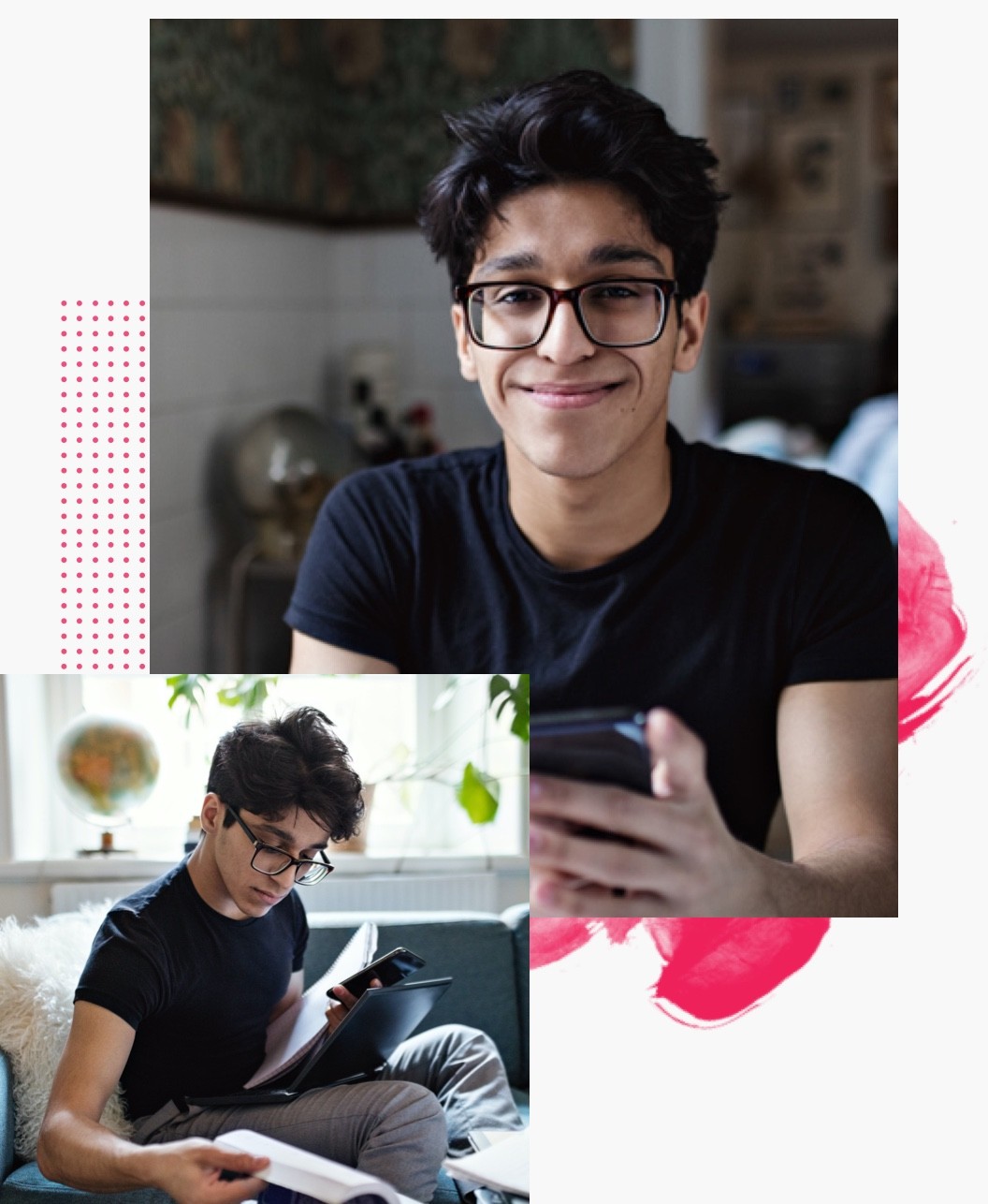 Collage of a male student using a cell phone and laptop throughout the day to learn online.