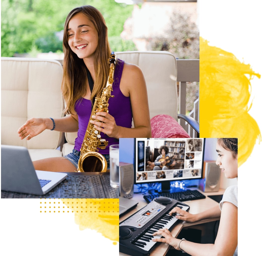 Collage of a two female student creating music together in class through computers and music software.