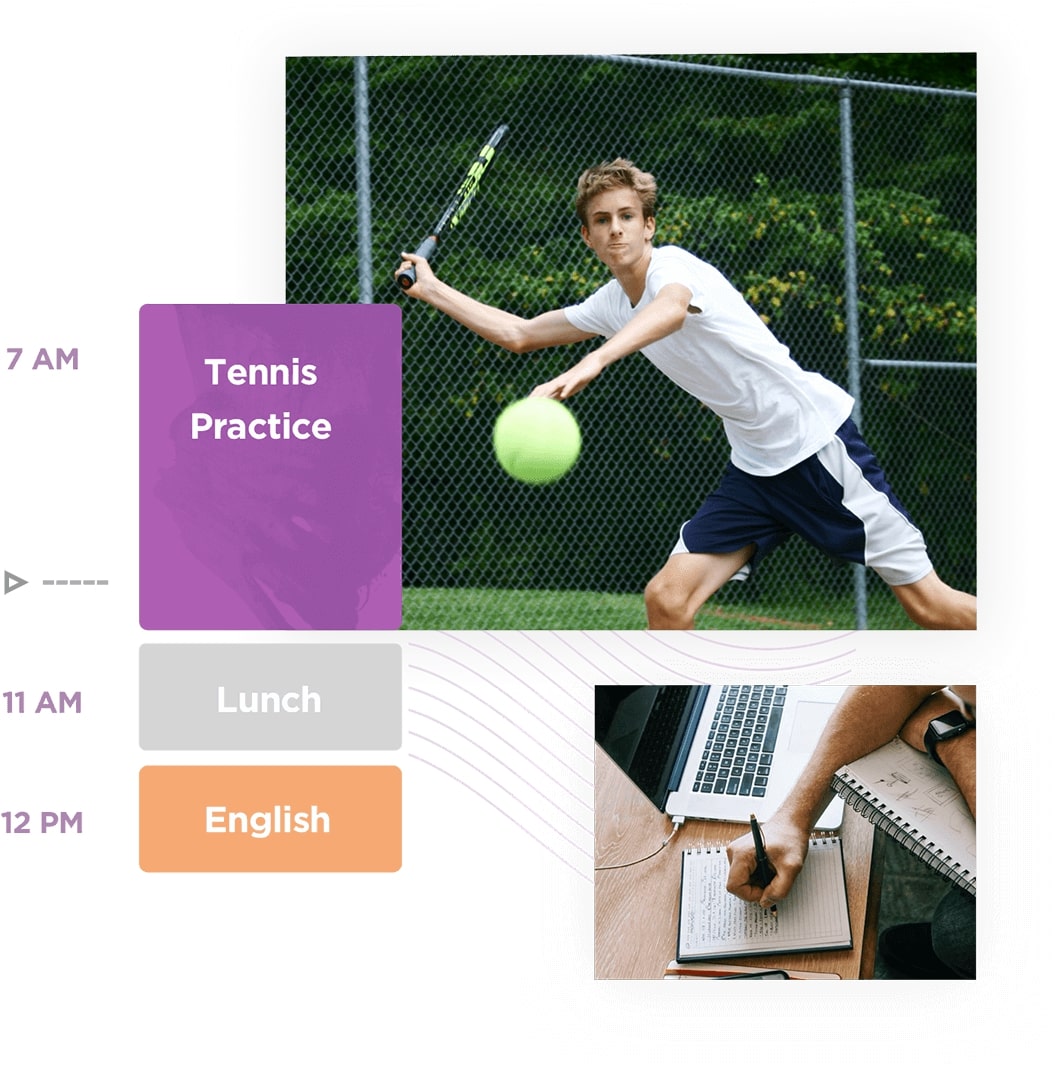 Diagram of a student's schedule collaged with an image of a student playing tennis and learning from a laptop. Tennis practice from 7 am until 11 am, lunch from 11 am to 12 pm, and their English class fits in their schedule after.