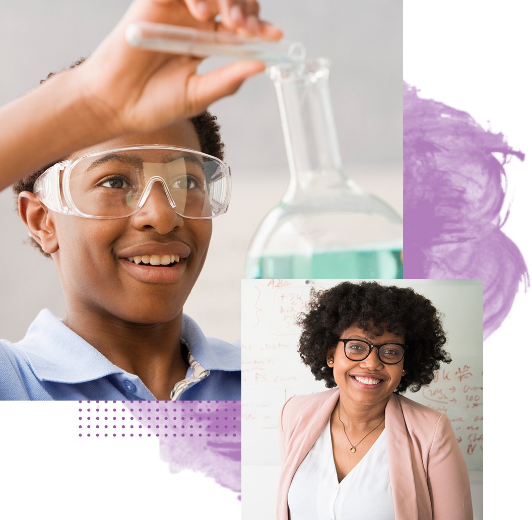 Image one: male student wearing protective gear pours liquid in a test tube. Image two: front-facing image of smiling female teacher.